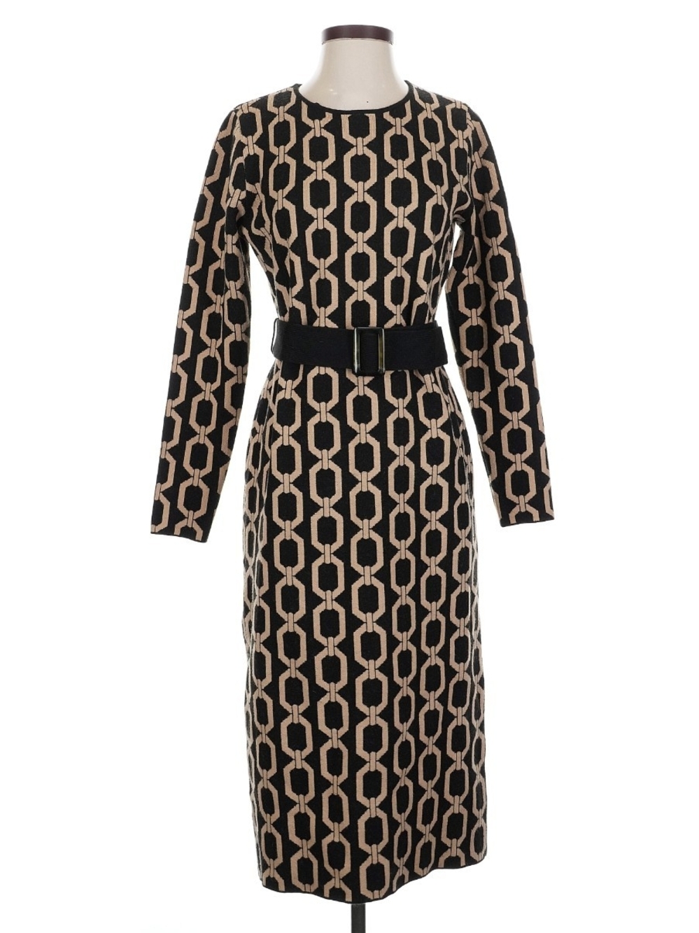 Black & Tan Geometric Knit Sheath Dress